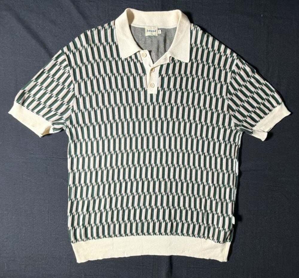 bound Erice Geometric Jacquard Knit Polo in Green/Cream